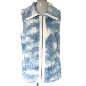 Chico's Blue White Cloud Faux Fur Vest Womens Size 2 L Large Tie Dye Colorful
